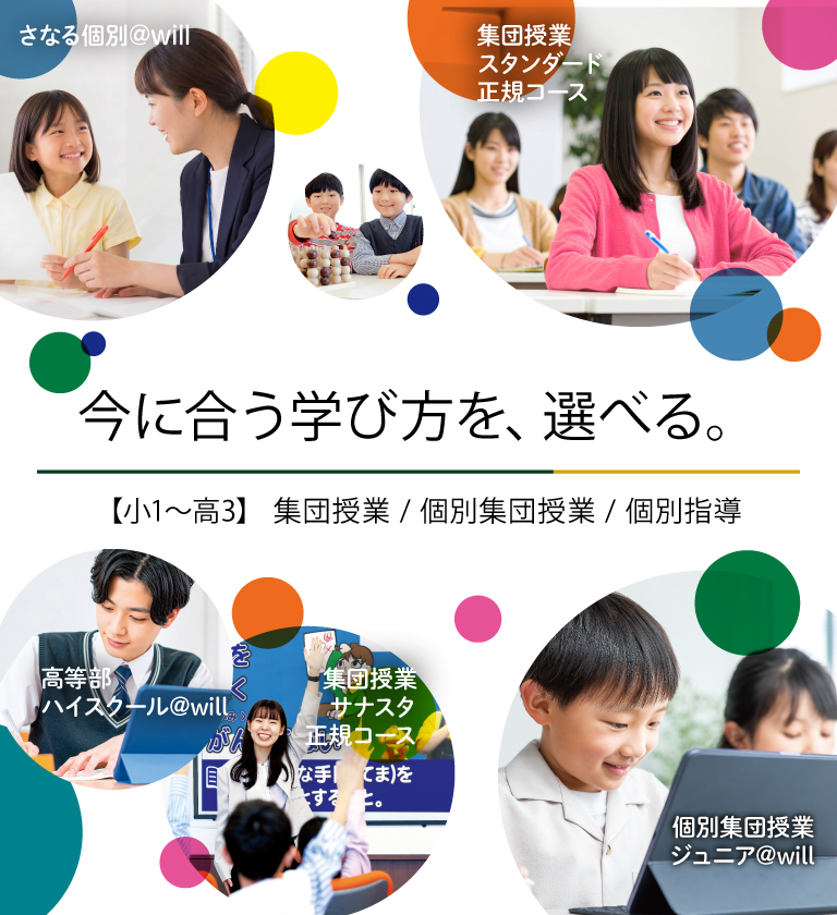 今合う学び方を、選べる。集団/ジュニア@will/さなる個別@will/ハイスクール@will